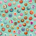 In Stitches, Buttons. Mint. QT Fabrics. Sold by the yard.