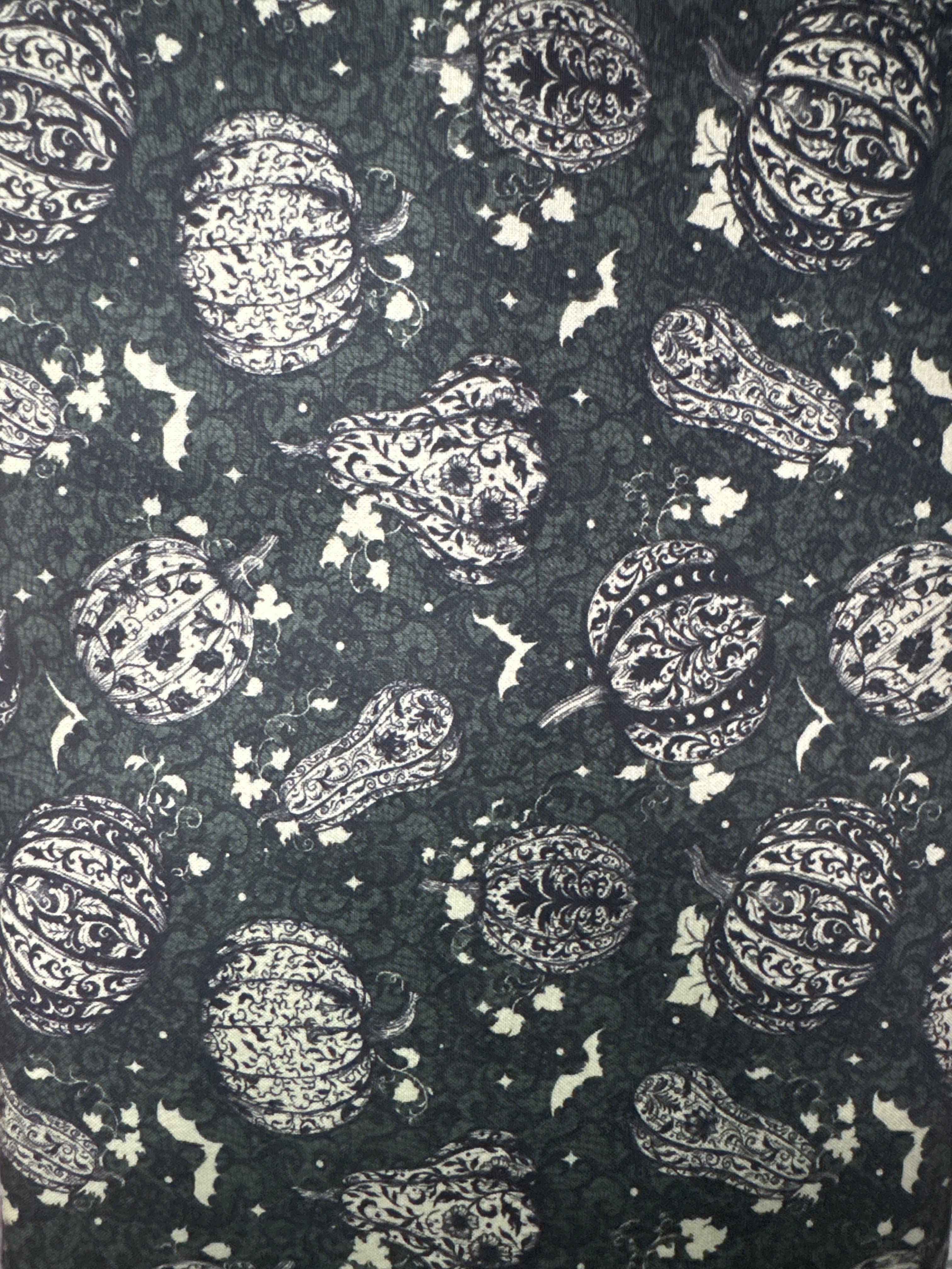 Darkly Enchanted. Charcoal. Damask with pumpkins and bats. Sold by half yard.