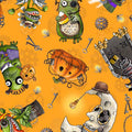 Steampunk Halloween 3. Character Toss. Orange. QT Fabrics. Sold by the yard.