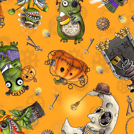 Steampunk Halloween 3. Character Toss. Orange. QT Fabrics. Sold by the yard.