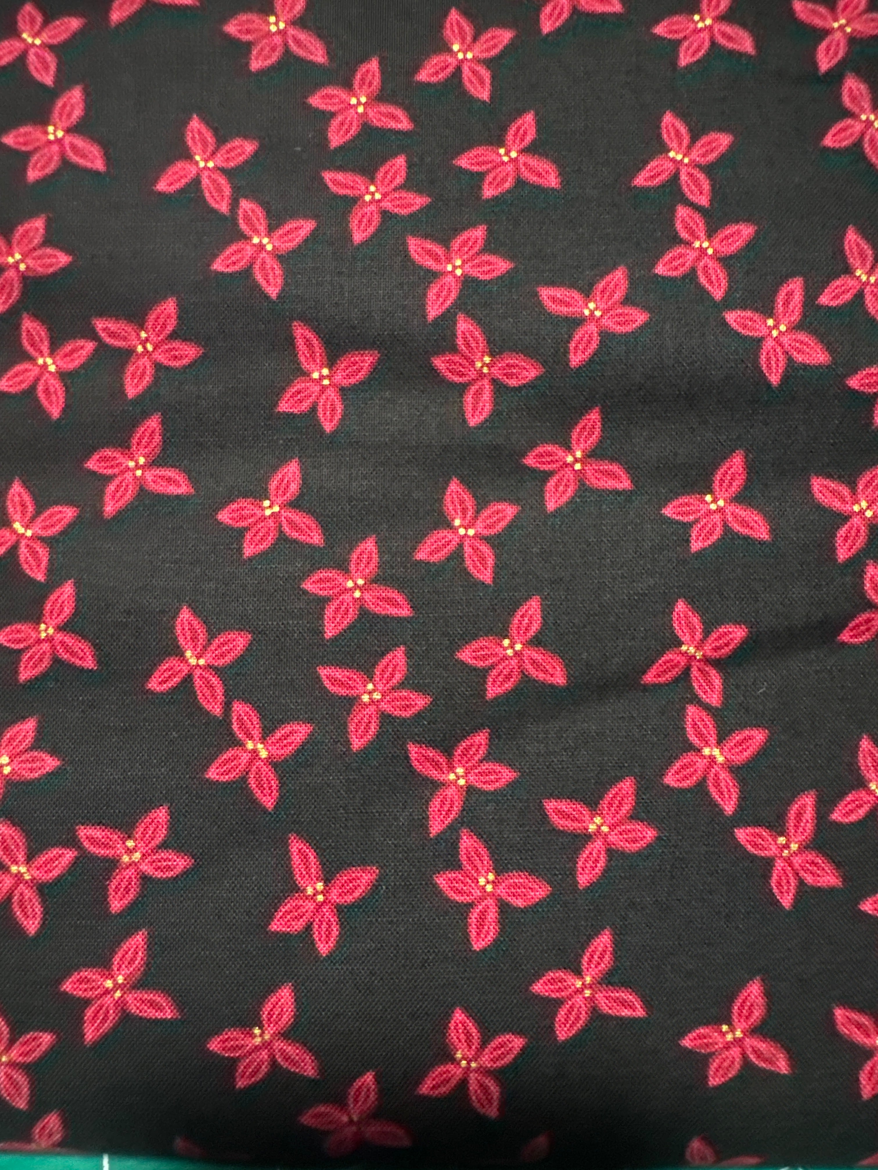Bird Humbug. Poinsettias on black background. Sold by the half yard.