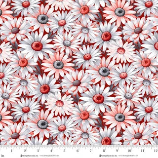 Scarlet's Treasure. Daisies. Red. Sold by the half yard