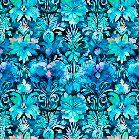 Fantasia. Deco floral turquoise. Sold by the half yard.
