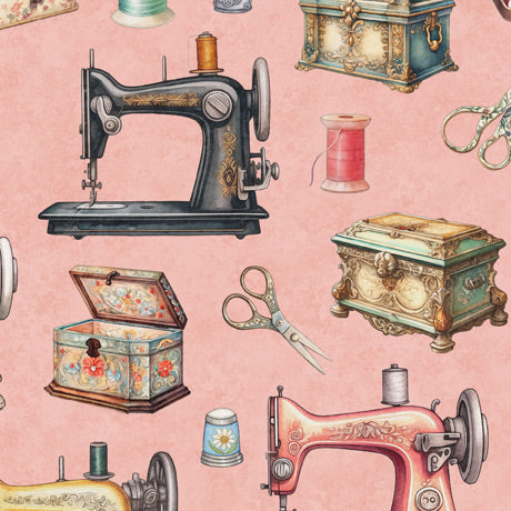 In Stitches Everything Salmon. QT Fabrics. Sold by the Yard.