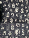 Darkly Enchanted. Mansion windows with spooky silhouettes. Sold by the half yard