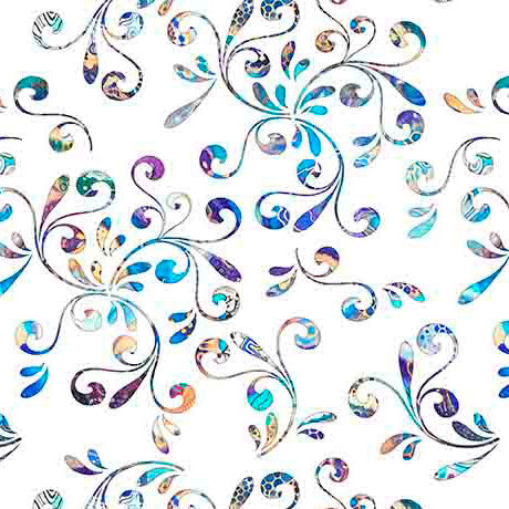 Fantasia. Floral vine white. Sold by the half yard
