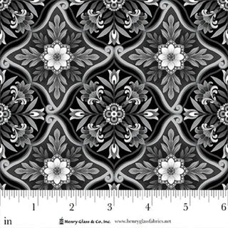 Scarlet's Treasure. Foulard Tiles. White on black. Sold by the half yard