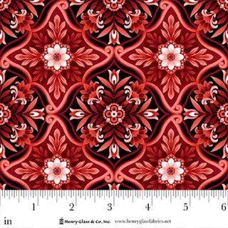 Scarlet's Treasure. Foulard Tiles. Red on Black. Sold by the half yard