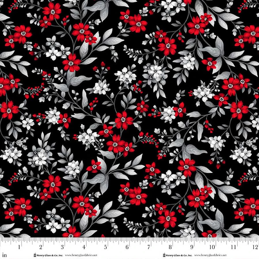 Scarlet's Treasure. Floral Vine. Black. Henry Glass Sold by the half yard
