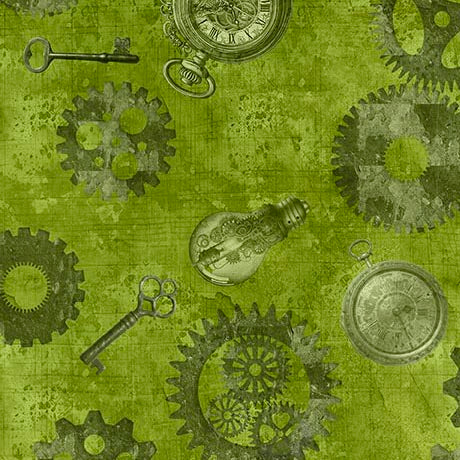 Steampunk Halloween 3. Gears. Green QT Fabrics. Sold by the yard.