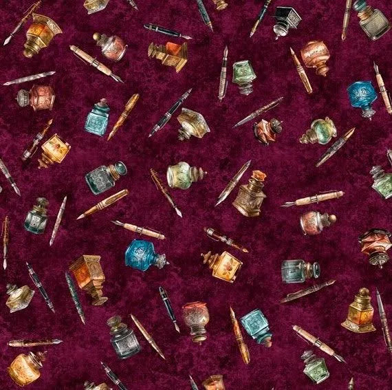 Book Worm Ink and Pen. QT Fabrics. Sold by the half yard.