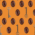Steampunk Halloween 2. Keys and Key holes. Orange. QT Fabrics. Sold by the yard.