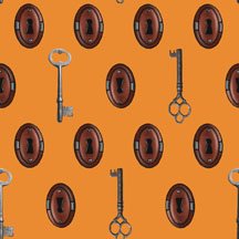 Steampunk Halloween 2. Keys and Key holes. Orange. QT Fabrics. Sold by the yard.