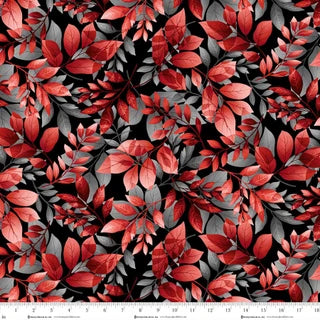 Scarlet's Treasure. Leaves. Black. Sold by the half yard