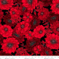 Scarlet's Treasure. Large Floral. Red on Black. Sold by the half yard.