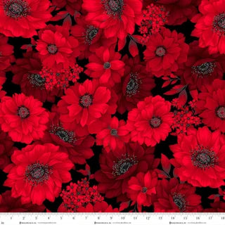 Scarlet's Treasure. Large Floral. Red on Black. Sold by the half yard.
