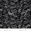 Scarlet's Treasure. Scrolls. Black. Sold by the half yard