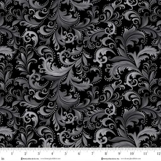 Scarlet's Treasure. Scrolls. Black. Sold by the half yard