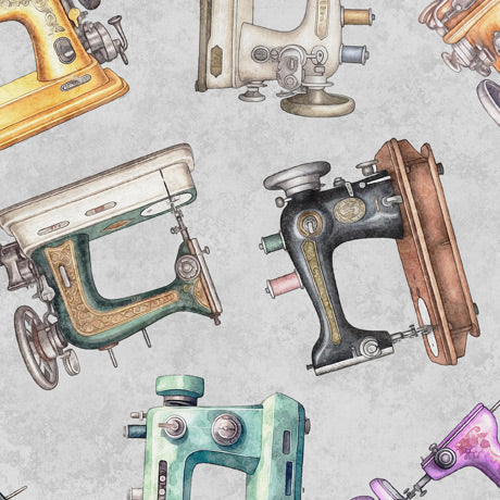 In Stiches, Tossed Sewing Machines. Gray. QT Fabrics
