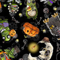 Steampunk Halloween 3. Character Toss. Black. QT fabrics. Sold by the yard.