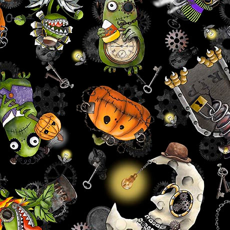 Steampunk Halloween 3. Character Toss. Black. QT fabrics. Sold by the yard.