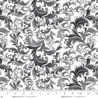 Scarlet's Treasure. Scrolls. Black on white. Sold by the half yard