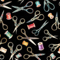 In Stitches Scissors Toss Black. QT Fabrics. Sold by the yard