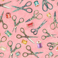 In Stitches. Tossed Scissors. Salmon. QT Fabrics. Sold by the yard.