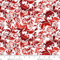 Scarlet's Treasure. Scrolls. Red on white. Sold by the half yard