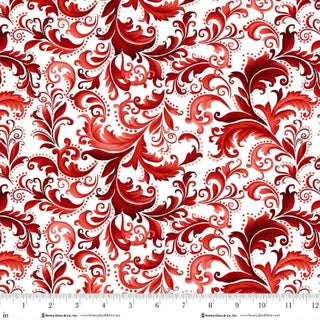 Scarlet's Treasure. Scrolls. Red on white. Sold by the half yard