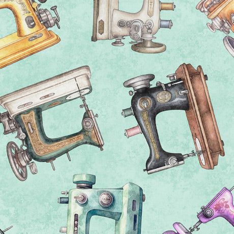 In Stitches. Tossed Sewing Machines. QT Fabrics. Sold by the yard