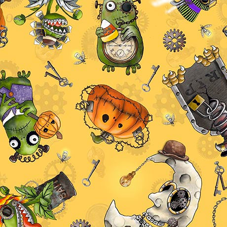 Steampunk Halloween 3. Character toss. Yellow. Sold by the HALF yard QT Fabrics