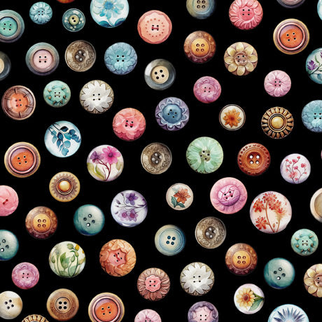 In Stitches, Buttons. Black. QT Fabrics. Sold by the yard.