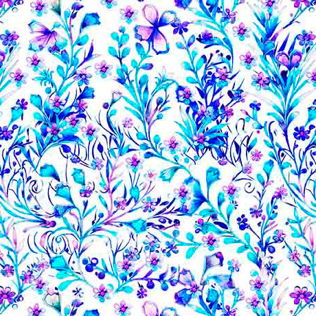 Fantasia, Floral vine white. Sold by the half yard.