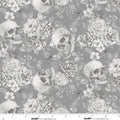 Pretty Scary. Floral Skulls Toss. Grey. Sold by the half yard