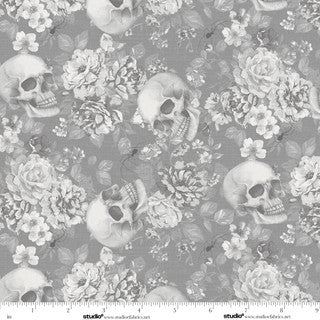 Pretty Scary. Floral Skulls Toss. Grey. Sold by the half yard